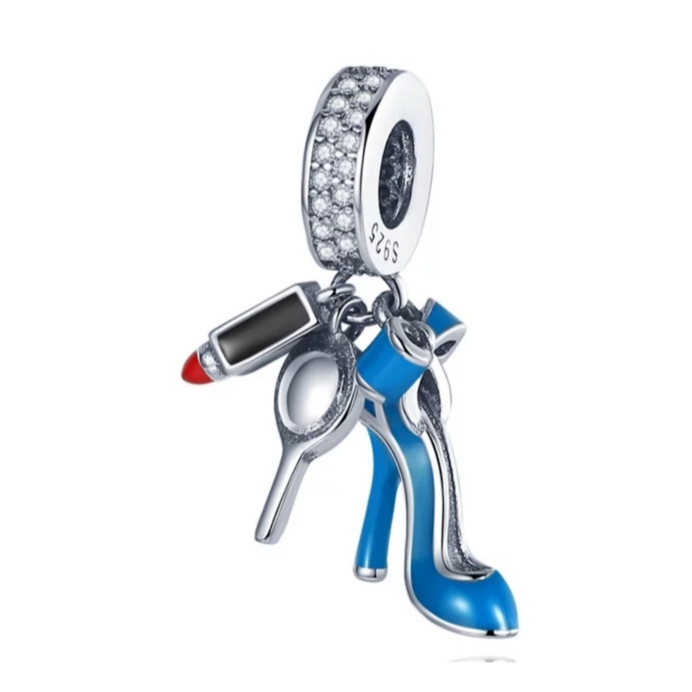 S925 Sterling Silver Blue Stiletto High Heel Lipstick Europe Style Charm Bead